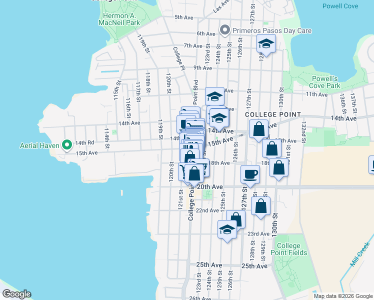 map of restaurants, bars, coffee shops, grocery stores, and more near 121-03 18th Avenue in Queens