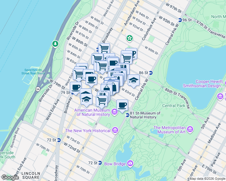 map of restaurants, bars, coffee shops, grocery stores, and more near Columbus Avenue in New York