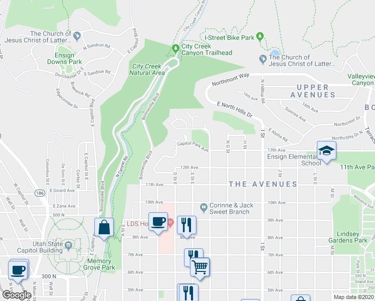 map of restaurants, bars, coffee shops, grocery stores, and more near 395 East 12th Avenue in Salt Lake City