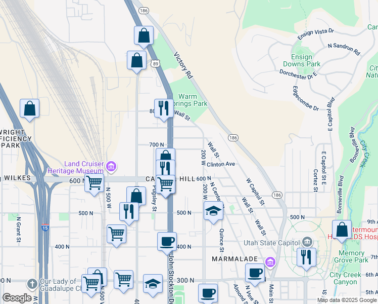 map of restaurants, bars, coffee shops, grocery stores, and more near 650 300 West in Salt Lake City