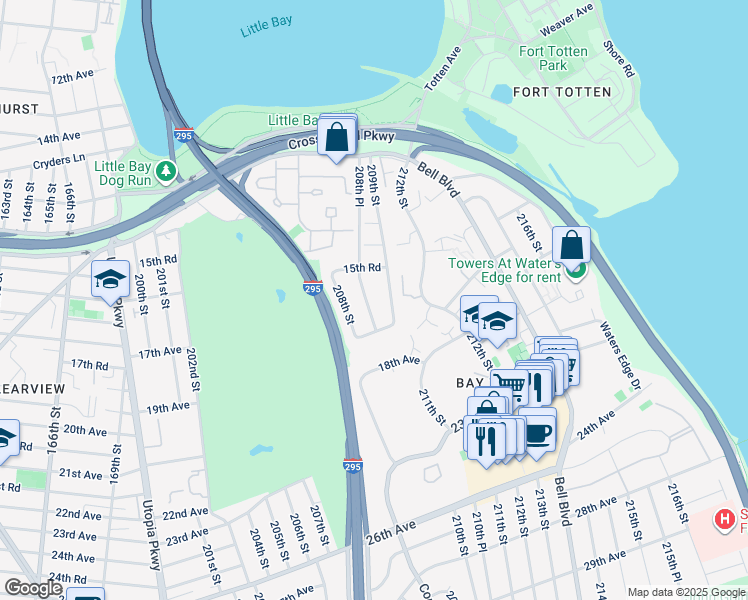 map of restaurants, bars, coffee shops, grocery stores, and more near 15-89 208th Place in Queens