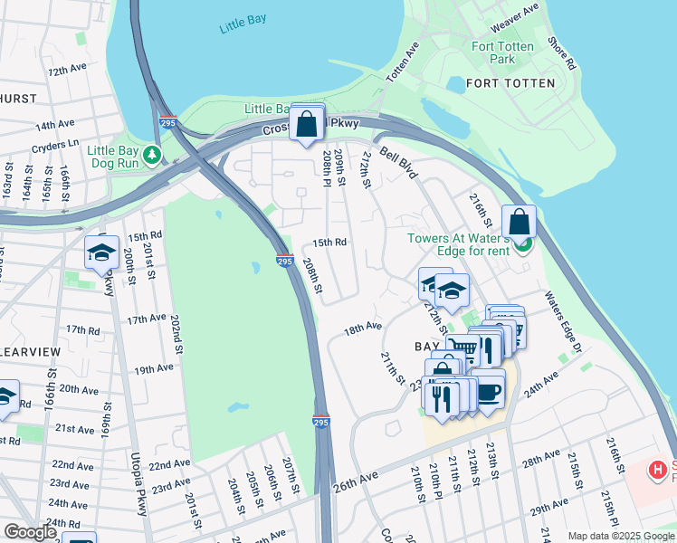map of restaurants, bars, coffee shops, grocery stores, and more near 15-89 208th Place in Queens