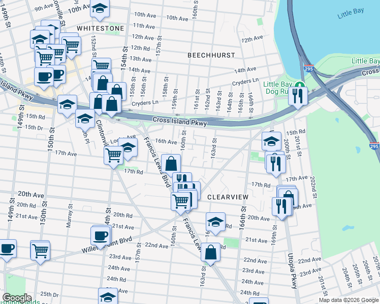 map of restaurants, bars, coffee shops, grocery stores, and more near 160-17 17th Avenue in Queens