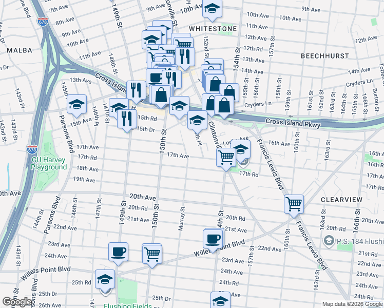 map of restaurants, bars, coffee shops, grocery stores, and more near 17-14 Murray Street in Queens
