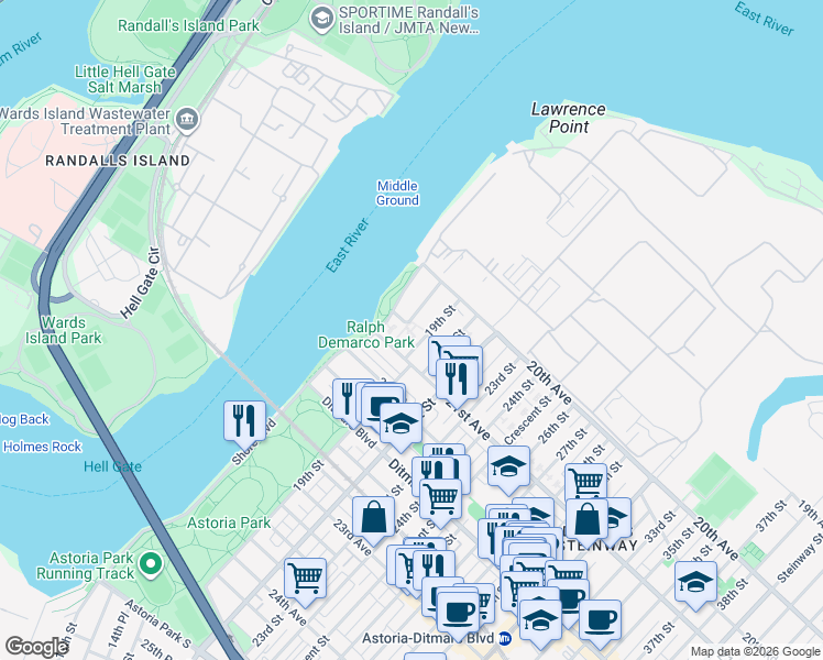 map of restaurants, bars, coffee shops, grocery stores, and more near 20-63 19th Street in Queens