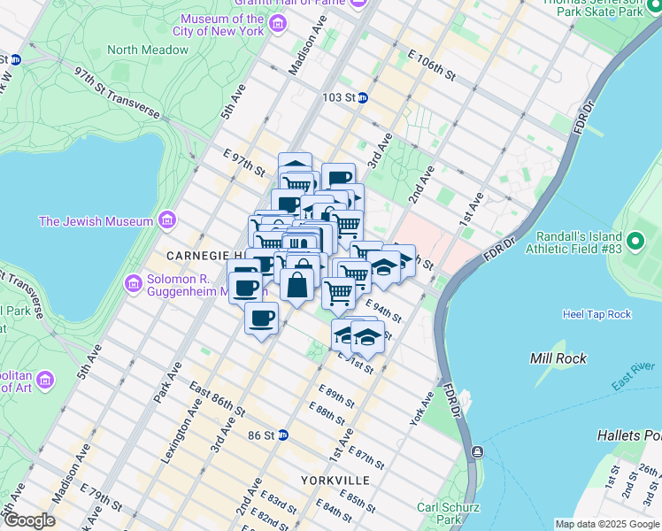 map of restaurants, bars, coffee shops, grocery stores, and more near 1660 3rd Avenue in New York