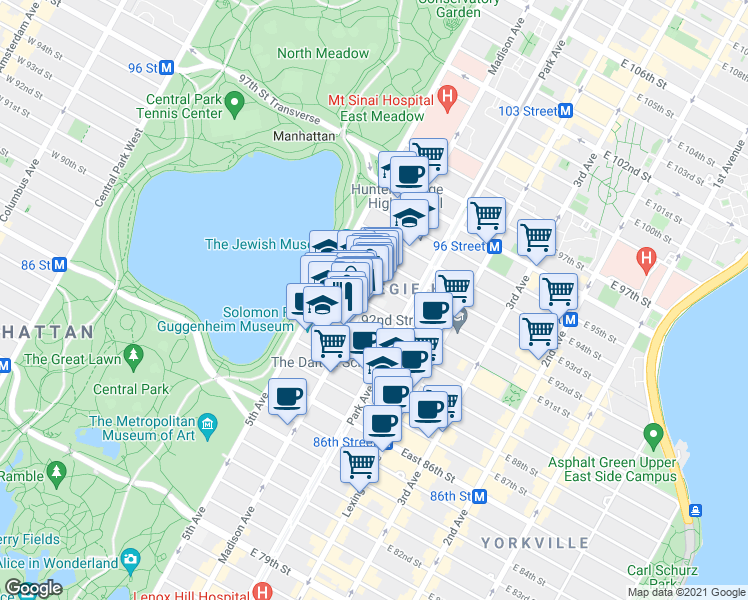 map of restaurants, bars, coffee shops, grocery stores, and more near in New York