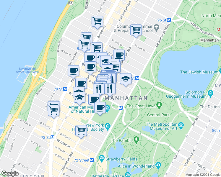 map of restaurants, bars, coffee shops, grocery stores, and more near 451 Columbus Avenue in New York
