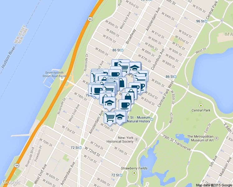map of restaurants, bars, coffee shops, grocery stores, and more near 163 West 80th Street in New York