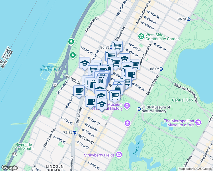 map of restaurants, bars, coffee shops, grocery stores, and more near 163 West 80th Street in New York
