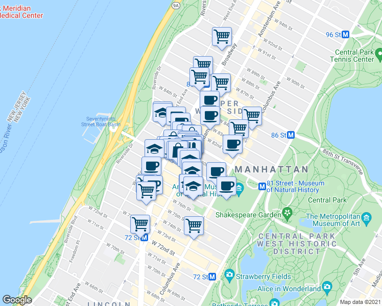 map of restaurants, bars, coffee shops, grocery stores, and more near 216W West 79th Street in New York
