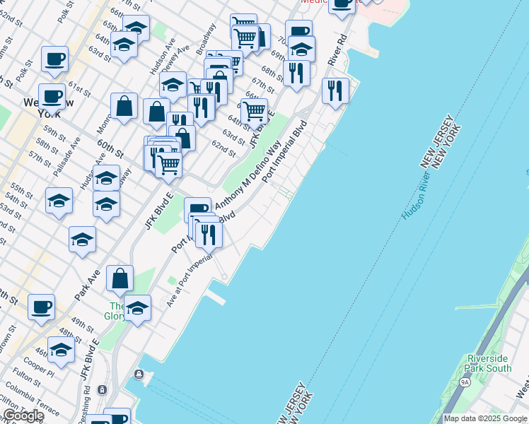 map of restaurants, bars, coffee shops, grocery stores, and more near 8 Avenue at Port Imperial in West New York