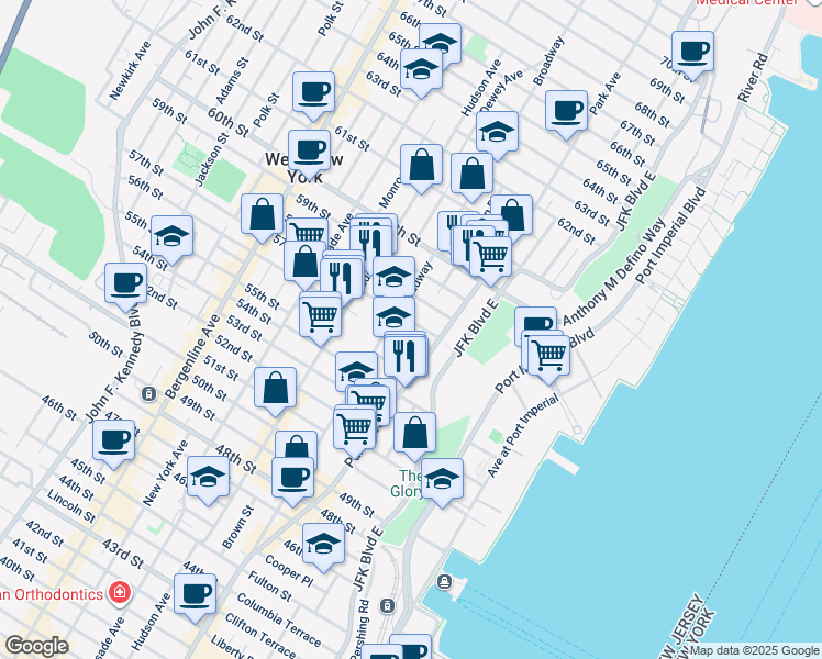 map of restaurants, bars, coffee shops, grocery stores, and more near 5601-15 Park Avenue in West New York