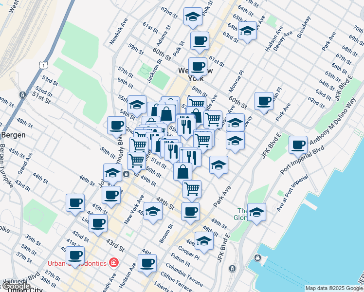 map of restaurants, bars, coffee shops, grocery stores, and more near in West New York