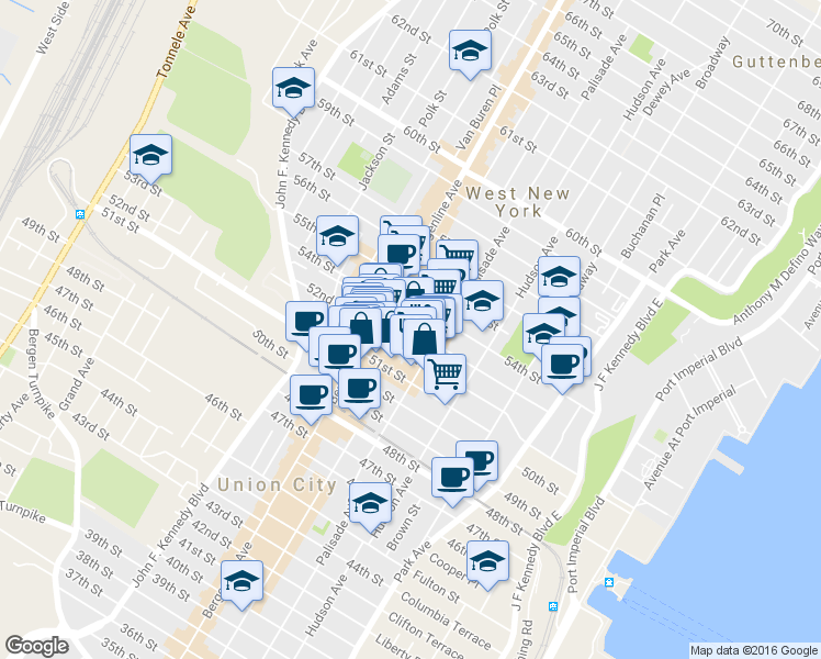 map of restaurants, bars, coffee shops, grocery stores, and more near 425 52nd Street in West New York