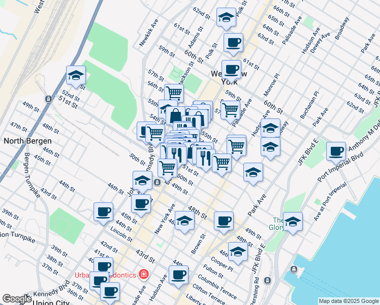 map of restaurants, bars, coffee shops, grocery stores, and more near 425 52nd Street in West New York