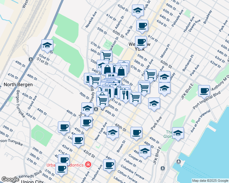 map of restaurants, bars, coffee shops, grocery stores, and more near 425 52nd Street in West New York