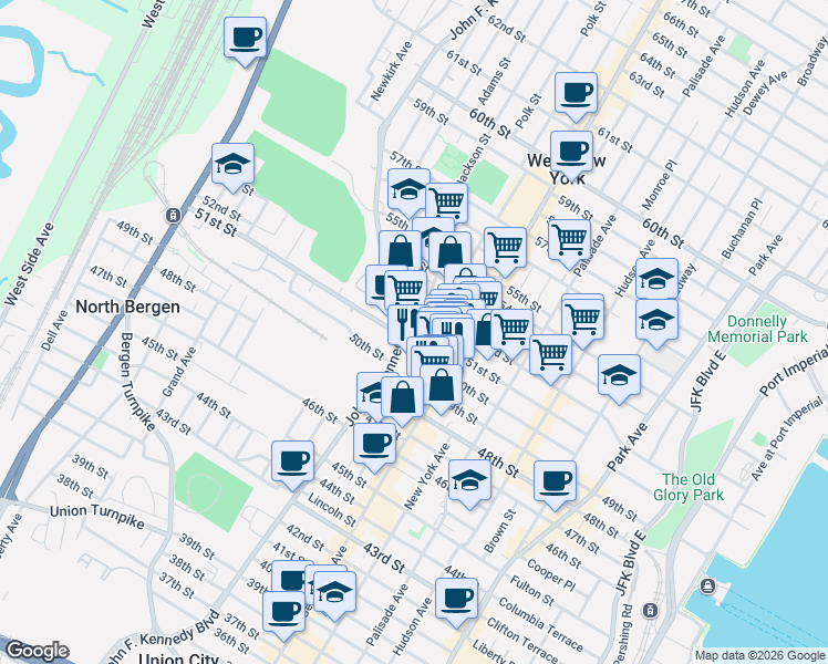 map of restaurants, bars, coffee shops, grocery stores, and more near 529 51st Street in West New York