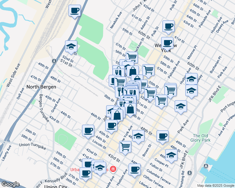 map of restaurants, bars, coffee shops, grocery stores, and more near 1112 50th Street in North Bergen