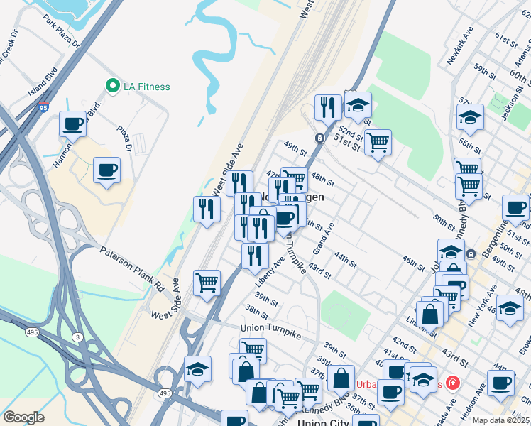 map of restaurants, bars, coffee shops, grocery stores, and more near 1821 44th Street in North Bergen