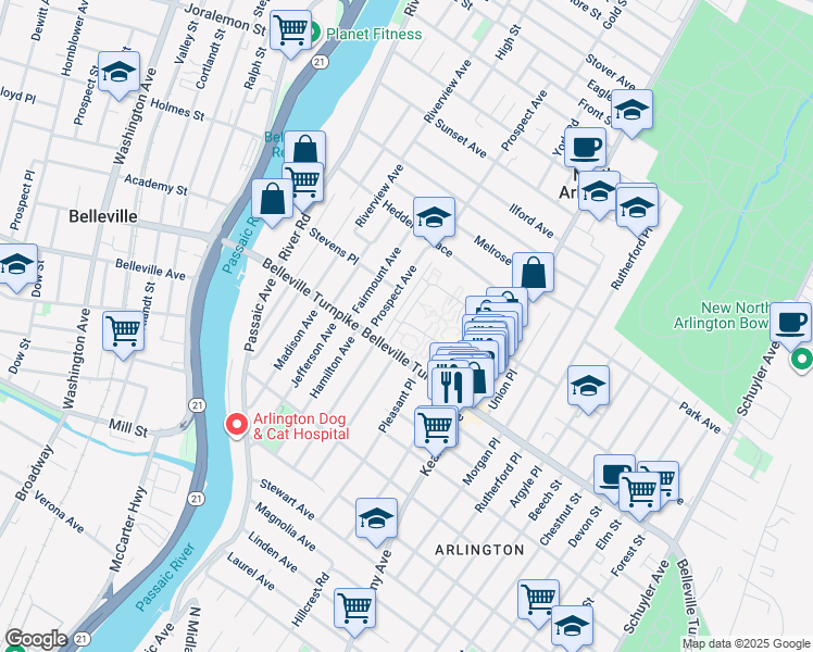map of restaurants, bars, coffee shops, grocery stores, and more near 25 Garden Terrace in North Arlington