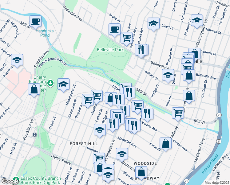 map of restaurants, bars, coffee shops, grocery stores, and more near 880 Mount Prospect Avenue in Newark