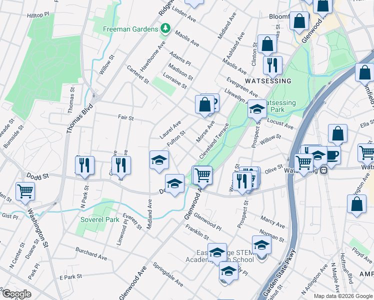 map of restaurants, bars, coffee shops, grocery stores, and more near 39 Cleveland Terrace in East Orange