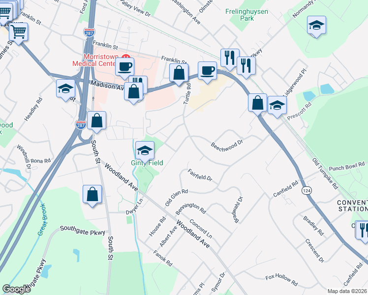 map of restaurants, bars, coffee shops, grocery stores, and more near 15 Connie Place in Morristown