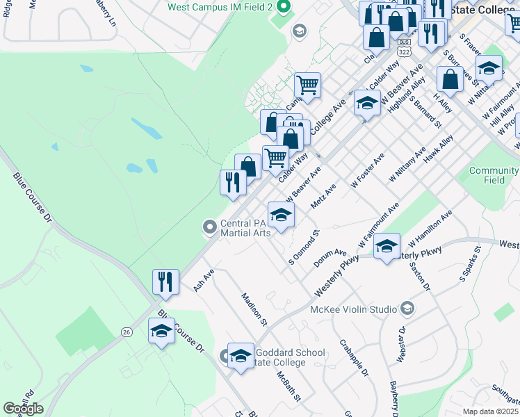 map of restaurants, bars, coffee shops, grocery stores, and more near 114 South Corl Street in State College