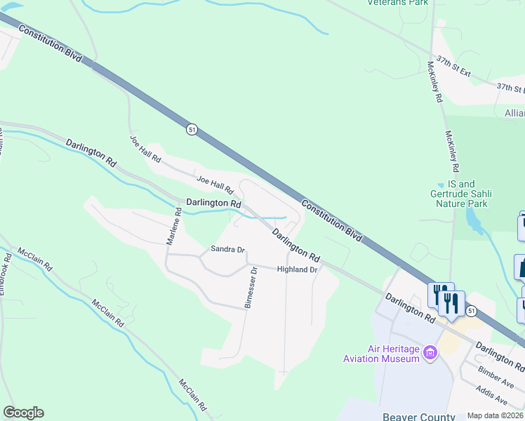 map of restaurants, bars, coffee shops, grocery stores, and more near 2918 Darlington Road in Beaver Falls