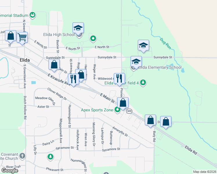 map of restaurants, bars, coffee shops, grocery stores, and more near 615 E Main St in Elida