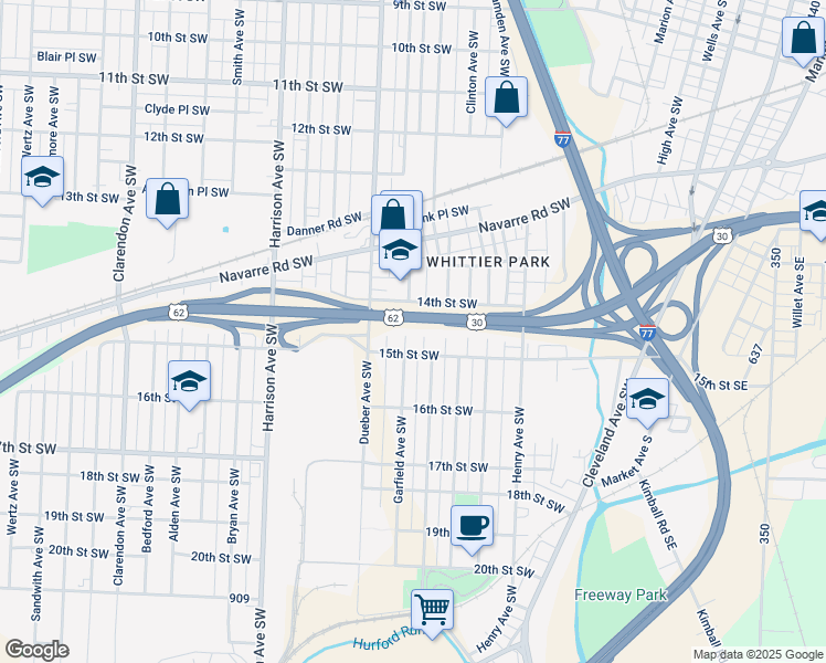 map of restaurants, bars, coffee shops, grocery stores, and more near 1428 Garfield Avenue Southwest in Canton