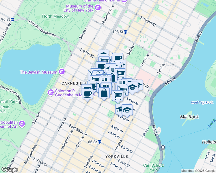 map of restaurants, bars, coffee shops, grocery stores, and more near 1660 3rd Avenue in New York