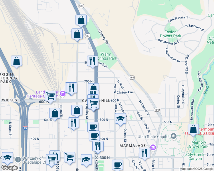 map of restaurants, bars, coffee shops, grocery stores, and more near 650 300 West in Salt Lake City