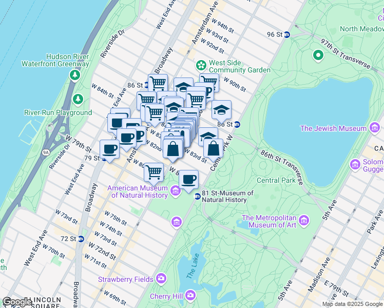 map of restaurants, bars, coffee shops, grocery stores, and more near 50 West 83rd Street in New York