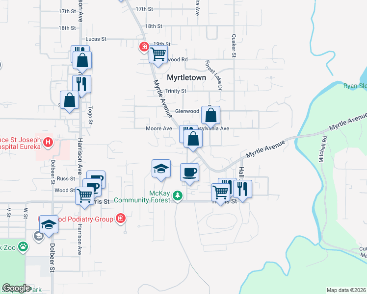 map of restaurants, bars, coffee shops, grocery stores, and more near 2500 Hubbard Lane in Eureka