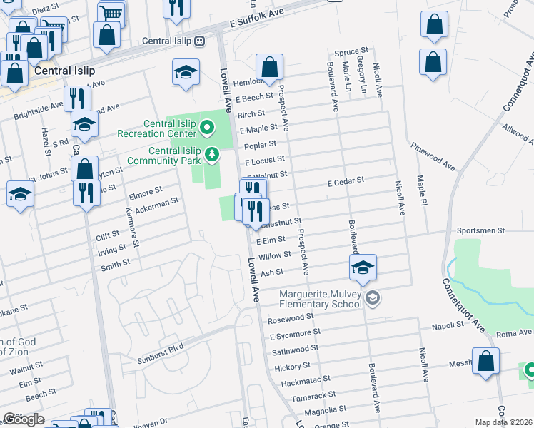 map of restaurants, bars, coffee shops, grocery stores, and more near 12 East Chestnut Street in Central Islip