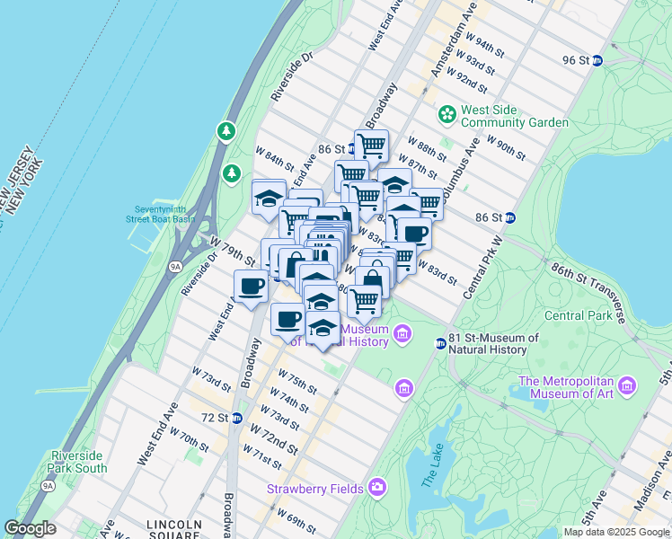 map of restaurants, bars, coffee shops, grocery stores, and more near 163 West 80th Street in New York