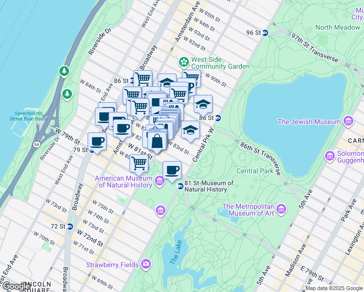 map of restaurants, bars, coffee shops, grocery stores, and more near 31 West 82nd Street in New York