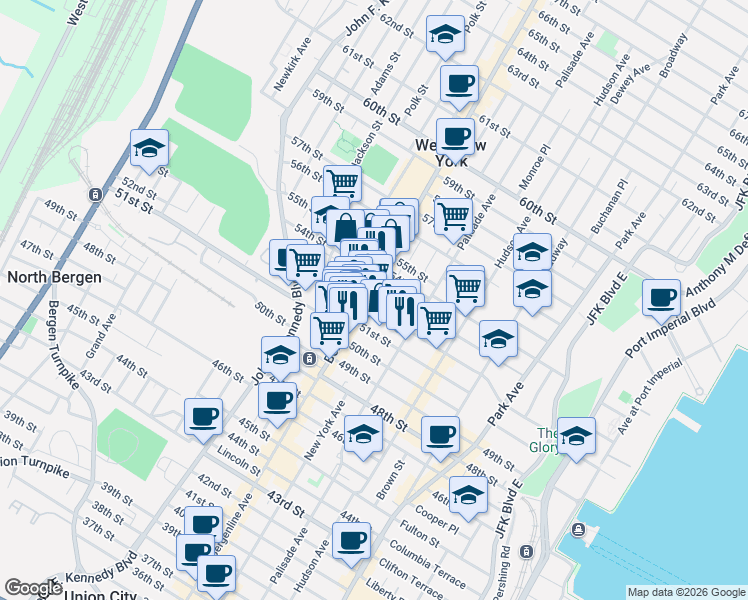 map of restaurants, bars, coffee shops, grocery stores, and more near 425 52nd Street in West New York