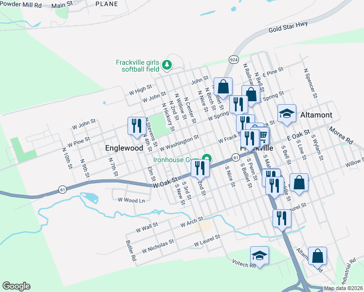 map of restaurants, bars, coffee shops, grocery stores, and more near 423 West Frack Street in Frackville
