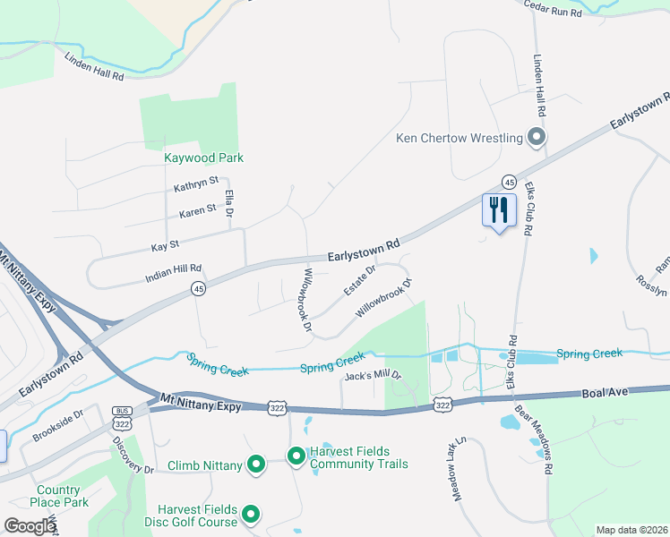 map of restaurants, bars, coffee shops, grocery stores, and more near 1400-1424 Estate Dr in Boalsburg