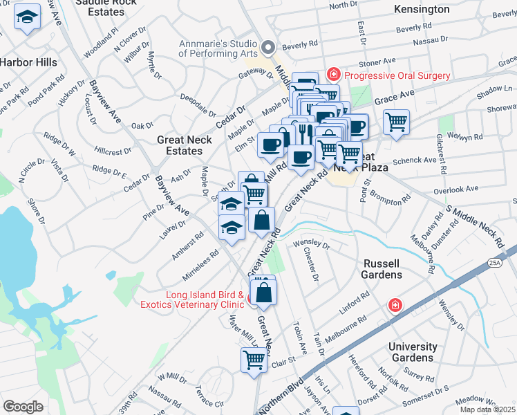 map of restaurants, bars, coffee shops, grocery stores, and more near 96 Cutter Mill Road in Great Neck