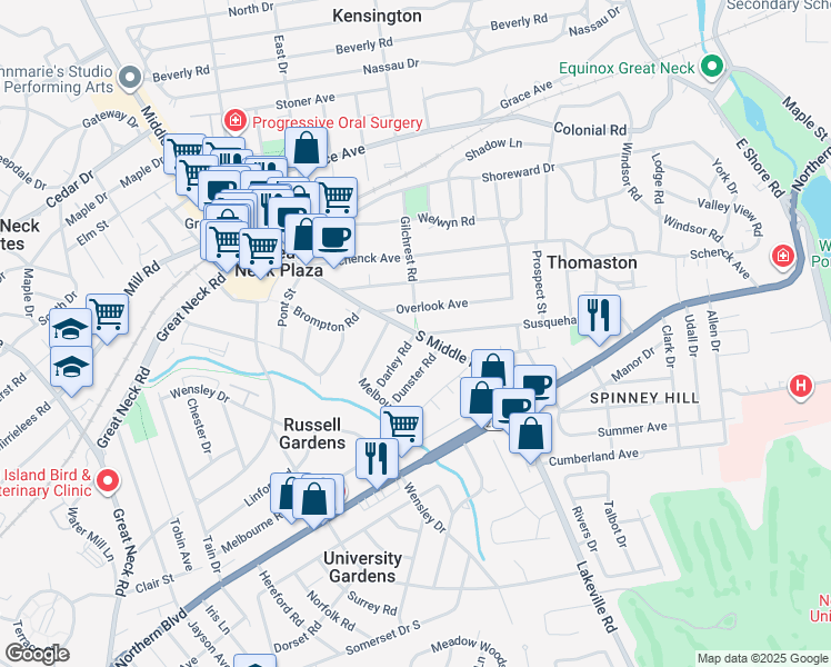 map of restaurants, bars, coffee shops, grocery stores, and more near S Middle Neck Rd & Darley Rd in Russell Gardens