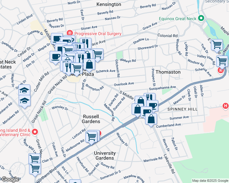 map of restaurants, bars, coffee shops, grocery stores, and more near 150 South Middle Neck Road in Great Neck