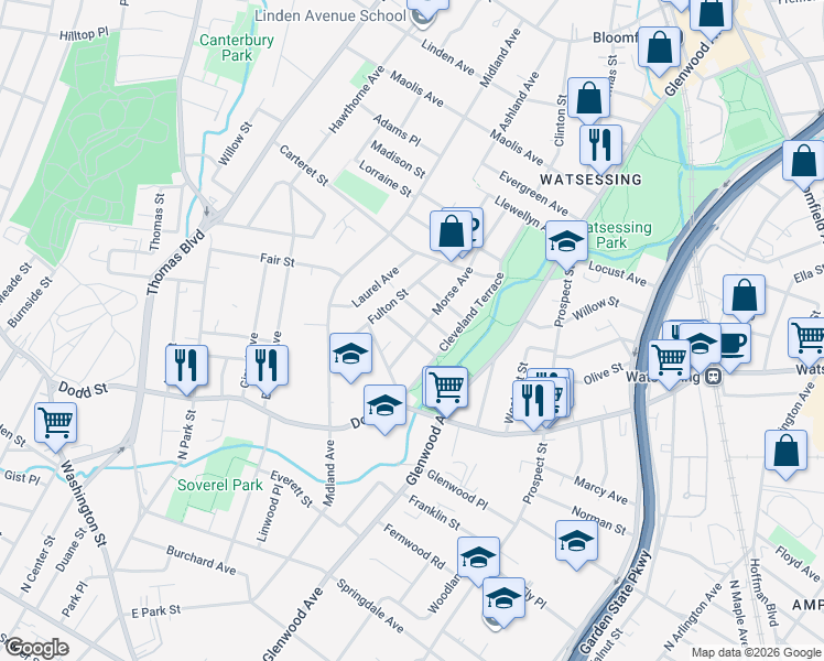 map of restaurants, bars, coffee shops, grocery stores, and more near 39 Cleveland Terrace in East Orange