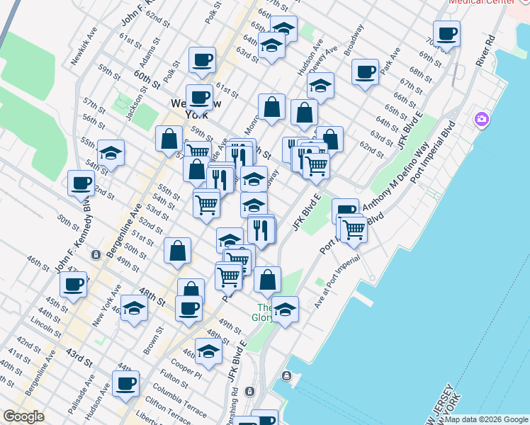 map of restaurants, bars, coffee shops, grocery stores, and more near 5601-15 Park Avenue in West New York