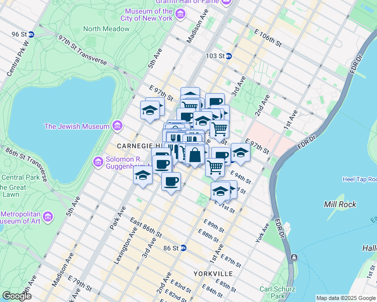map of restaurants, bars, coffee shops, grocery stores, and more near 170 East 94th Street in New York