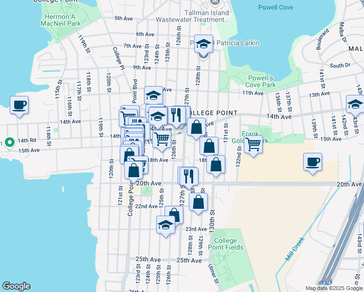 map of restaurants, bars, coffee shops, grocery stores, and more near 126-01 18th Avenue in Queens