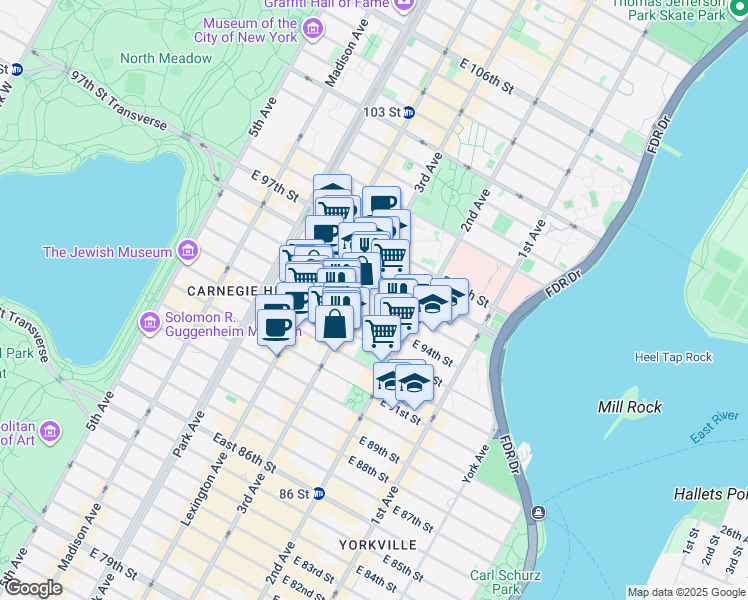 map of restaurants, bars, coffee shops, grocery stores, and more near 224 East 95th Street in New York